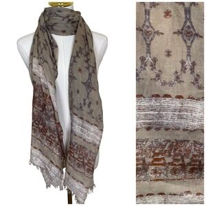 PASHMA Silk Cashmere Blend Scarf Shawl Geometric Print Tan Brown Women Boho Chic